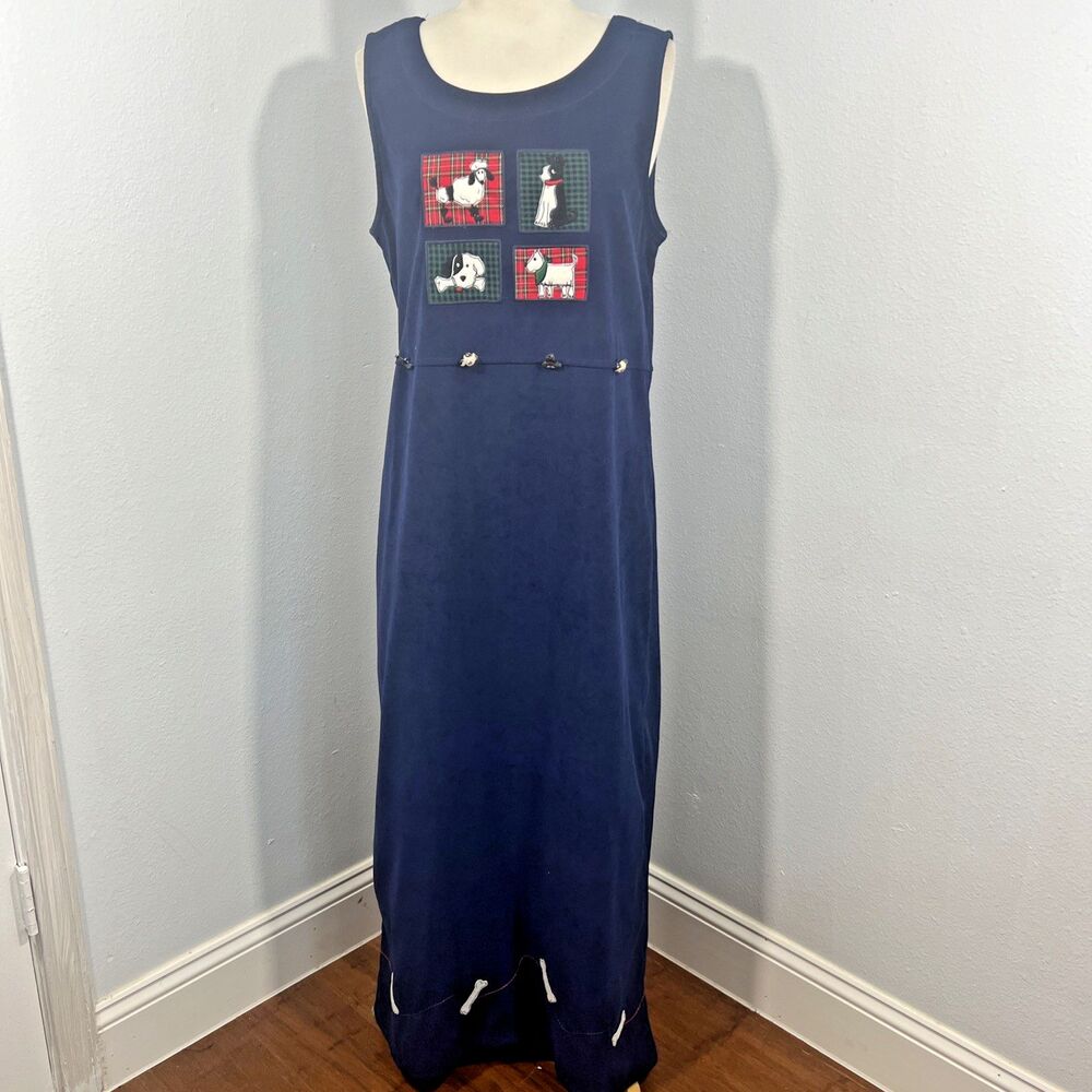 Vtg Bobbie Brooks Maxi Dress Womens M Navy Dog Themed‎ Granny Cottage 90s